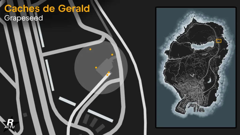 Carte indiquant où trouver le coli de Gerald qui est caché à 5 endroits différents dans la cache de Grapeseed.