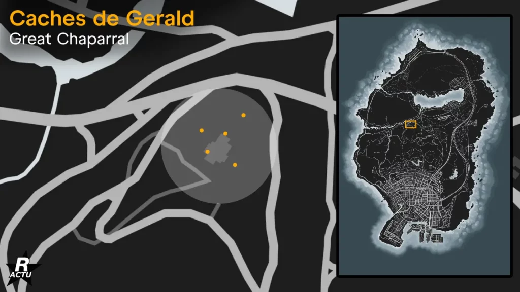 Map de GTA Online indiquant les emplacements possibles des colis présents dans la cache de Great Chaparral.