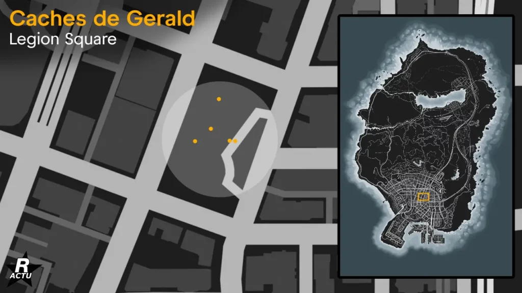 Image de la carte du jeu, indiquant les cinq emplacements possibles où trouver le colis caché dans la place de Legion Square au centre de Los Santos.