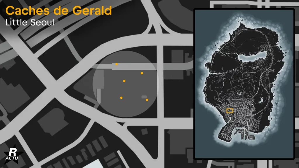 Map donnant les emplacements possibles de la cache journalière de Gerald dans le quartier de Little Seoul à Los Santos.