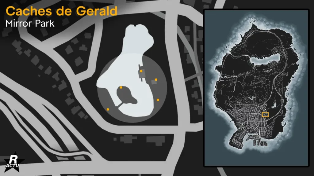 Guide dévoilant les emplacements possibles où le colis caché de Gerald peut se trouver dans le quartier de Mirror Park à Los Santos.