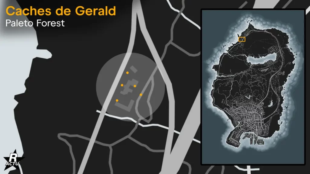 Carte qui montre les emplacements où trouver les colis présent dans la cache de Gerald à Paleto Forest.
