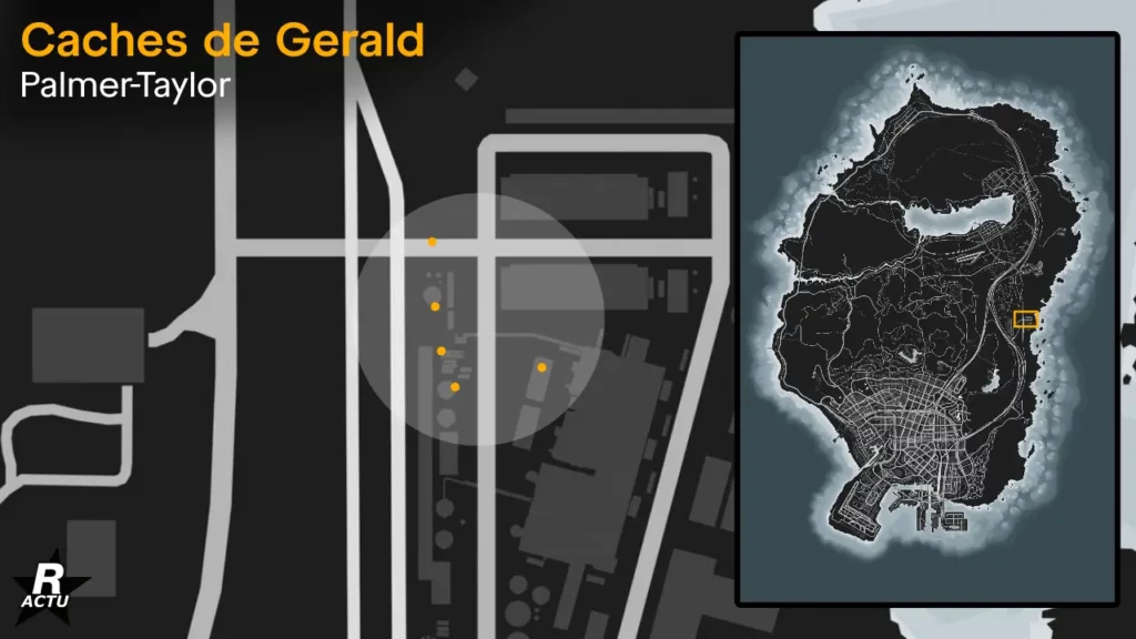 Map dévoilant les cinq emplacements possibles où trouver le colis de Gerald dans la cache de la centrale de Palmer-Taylor