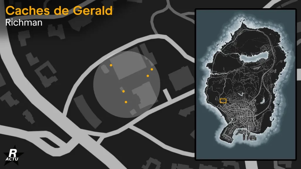 Carte de GTA Online dévoilant les emplacements possibles où récupérer le colis de Gerald à l'université du quartier de Richman.