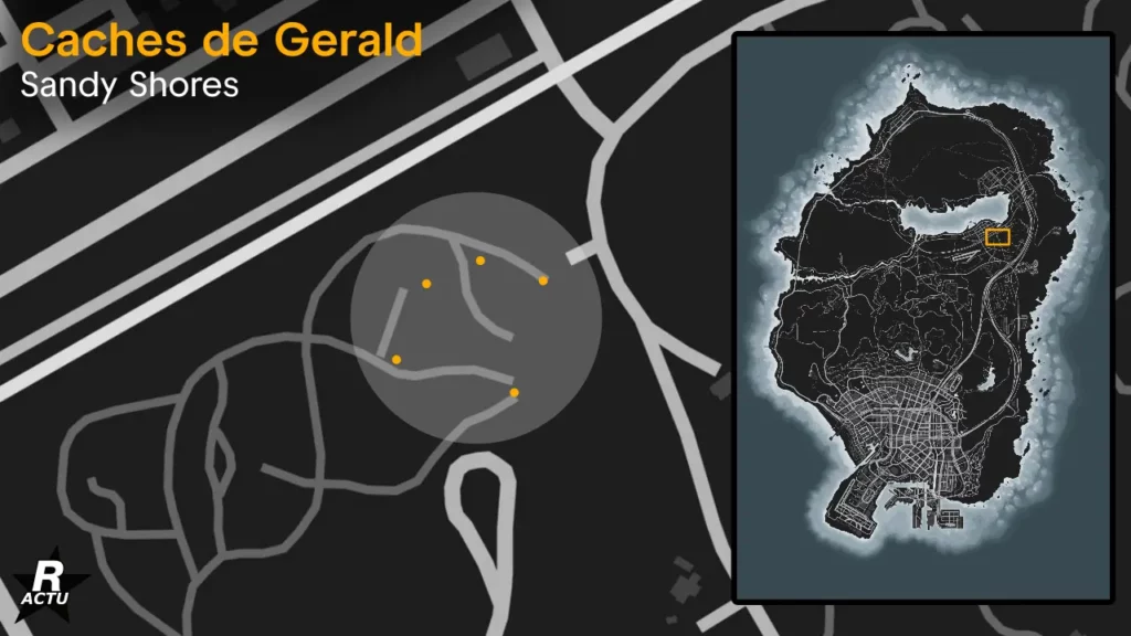 Carte des emplacements  potentiels des colis de la cache de Gerald dans le Grand Senora Desert au sud du village de Sandy Shores.