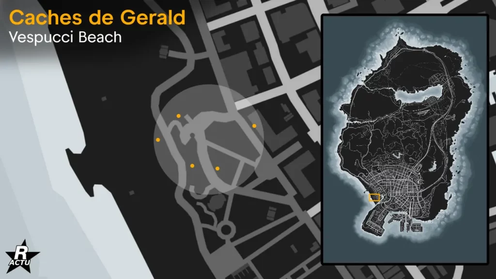 Map des 5 emplacements possible où trouver le colis du jour de Gerald dans le quartier de Vespucci-Beach à Los Santos.