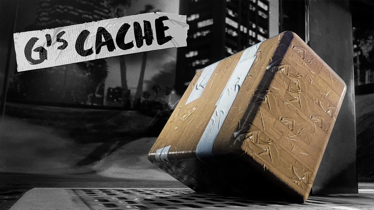 Colis de Gerald caché dans un quartier de Los Santos. L'image porte l'inscription "G' Cache".