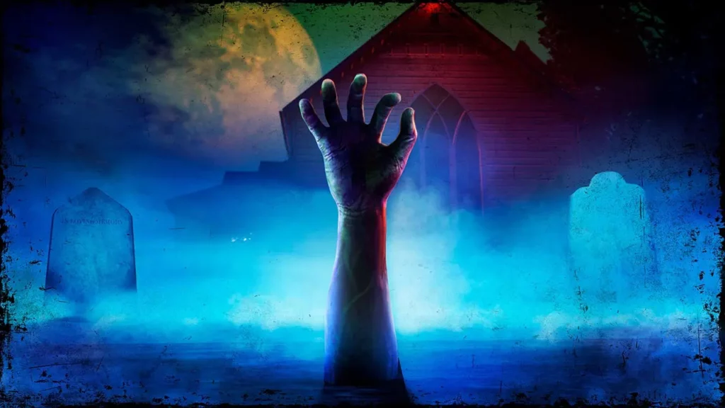 Une main d'un zombie sortant de terre dans un cimetière, avec une église blanche et une pleine lune en arrière plan, tout en ayant de la brume au sol.