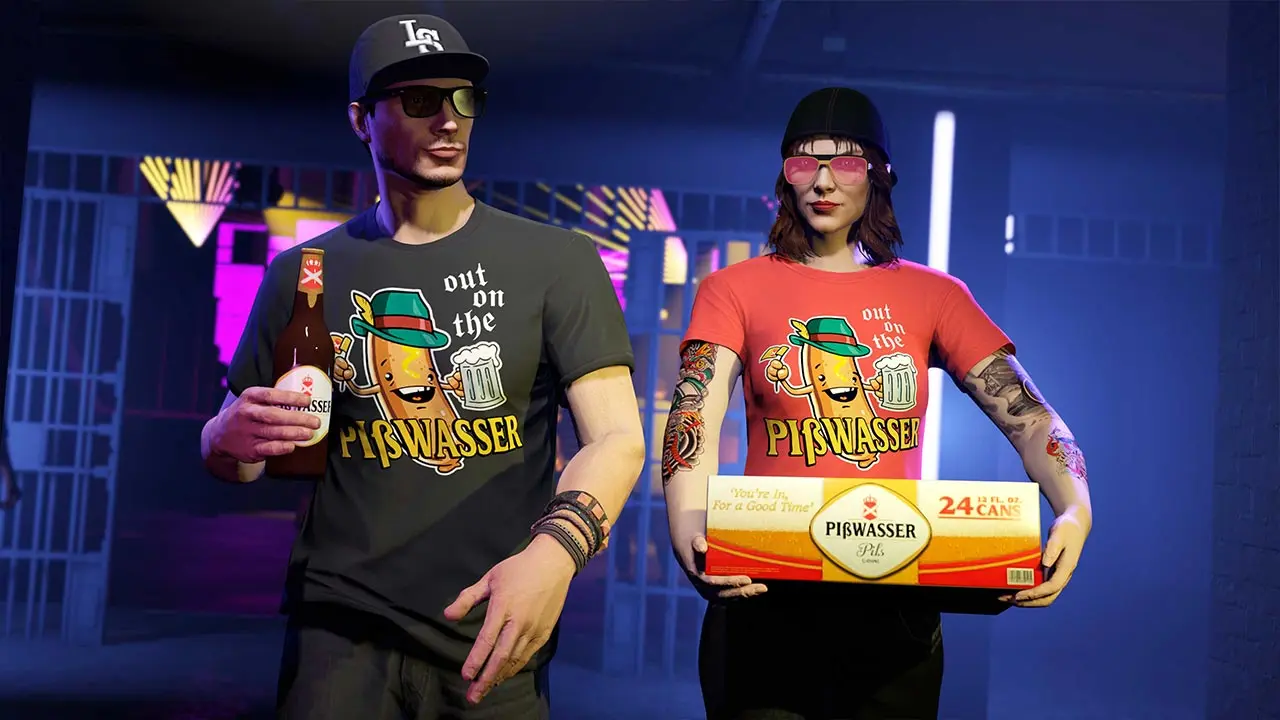 Deux joueurs de GTA Online dans un boîte de nuit. L'un porte le t-shirt Buvons Pißwasser noir, tandis que le second a sa déclinaison rouge.