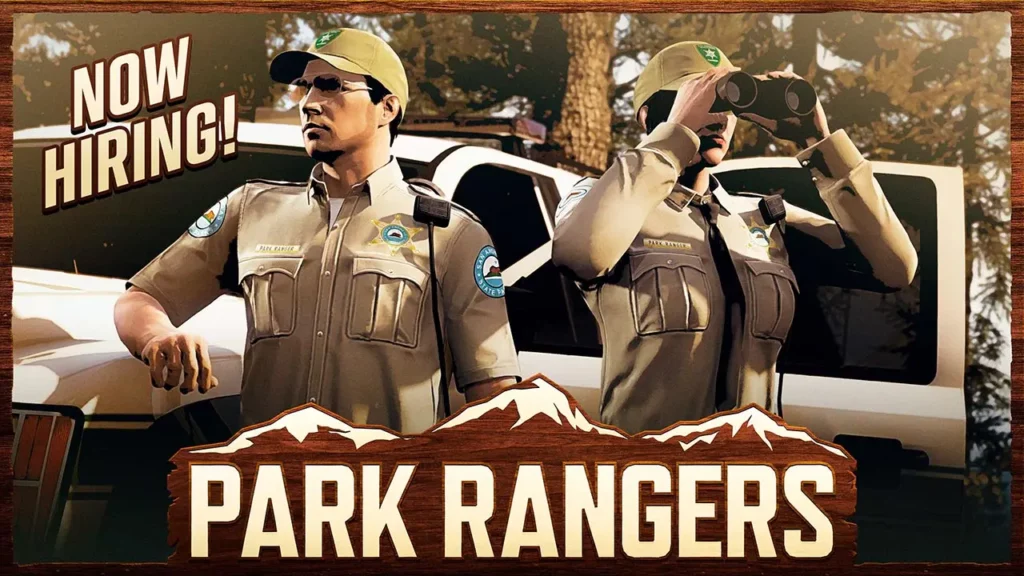 Deux joueurs de GTA Online dans une forêt, habillés des tenues de Park Ranger. Le personnage de droite porte la tenue de Garde-forestier hiver aux manches longues et avec une cravate, tandis que le second à la tenue de Garde-forestier été avec une chemise aux manches courtes.