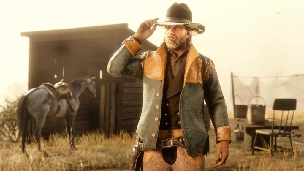 Un cowboy dans le jeu vidéo Red Dead Online de Rockstar Games, effectuant un "salut" avec l'émote à gagner avec les avantages du mois de septembre 2025