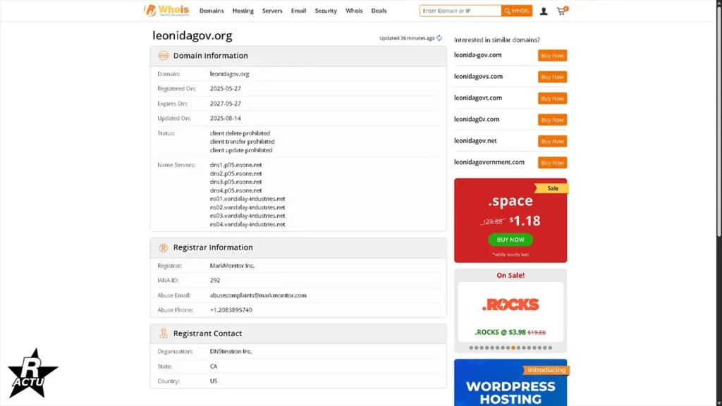 Registre de donnés lié au nom de domaine "leonidagov.org" - Les donnés des serveurs d'hébergement sont les même que ceux des sites de Take-Two Interactive.