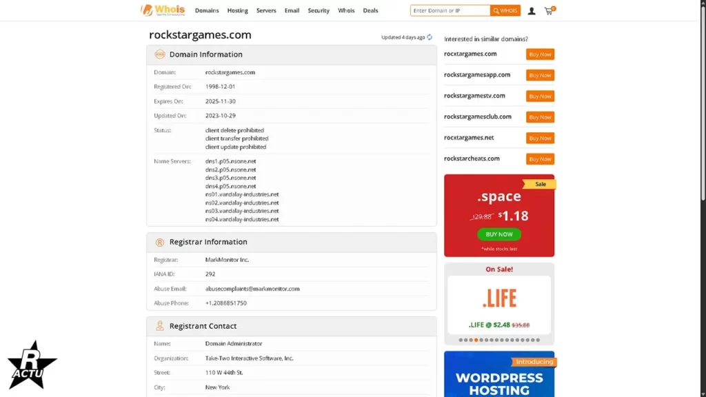 Donné du Whois du nom de domaine "RockstarGames.com" - Les serveurs sont les mêmes que pour le nom de domaine "leonidagov.org".