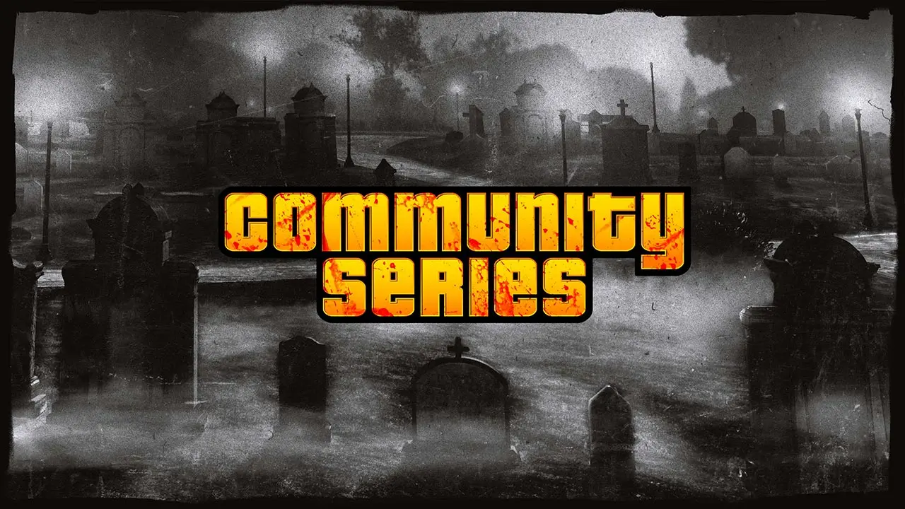 Vue en noir et blanc du cimetière de Los Santos avec le logo des épreuves communautaires, tâché de sang, au milieu de l'image, l'ors d'une évènement de la semaine pour Halloween.