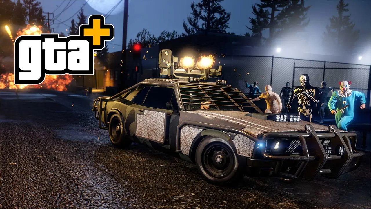 Bannière d'article des avantages GTA+ du mois d'octobre 2025. L'image possède en premier plan la voiture militaire Declasse Tampa armée qui est disponible gratuitement avec l'abonnement premium de GTA Online.