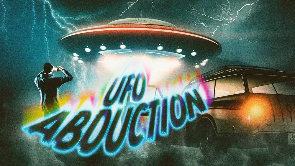 Bannière d'article d'un événement d'Halloween du jeu vidéo GTA Online de Rockstar Games. L'image contient un UFO survolant une route avec un joueur prenant une photo pour la quête d'Omega. Cet article contient un guide des emplacements des OVNI pour compléter cette quête.