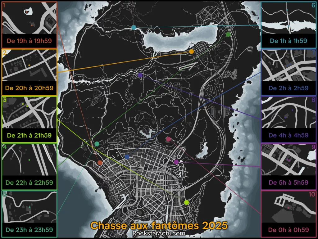 Carte de GTA Online indiquant aux joueurs où trouver les fantômes de la quête d'Halloween 2025 "Ghosts Exposed".