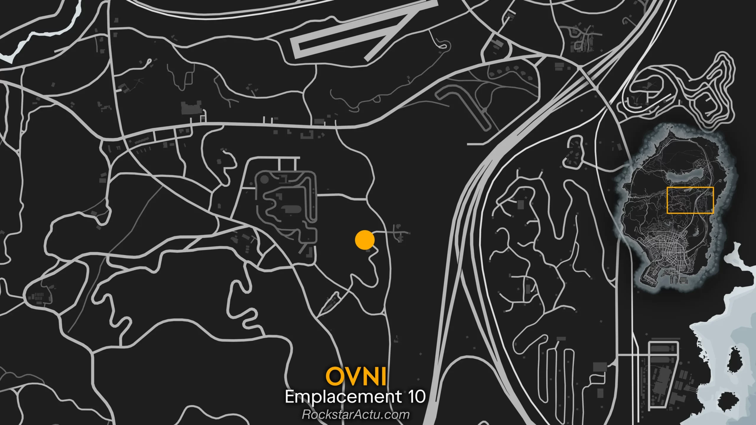 Map dévoilant l'emplacement où trouver l'UFO №10 en mode libre. Il se situe au-dessus d'une maison au nord de Los Santos, où une banderole "Bienvenue" destinée aux extraterrestres s'y trouve.