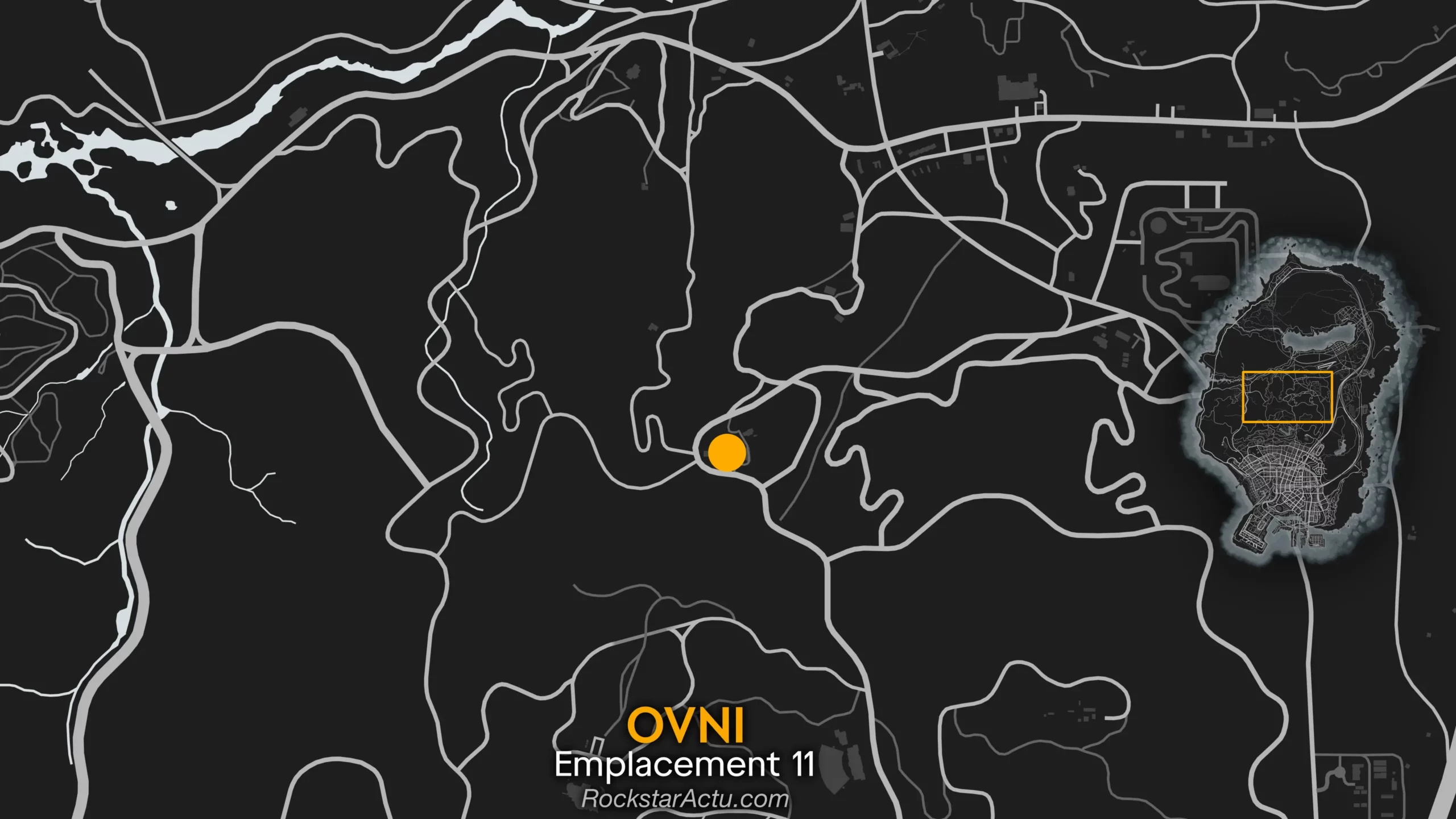 Image guide pour trouver l'emplacement №11 de la soucoupe volante d'Halloween. La №11 se trouve au-dessus d'une autre ferme, dans les montagnes entres Los Santos et Grand Senora Desert.