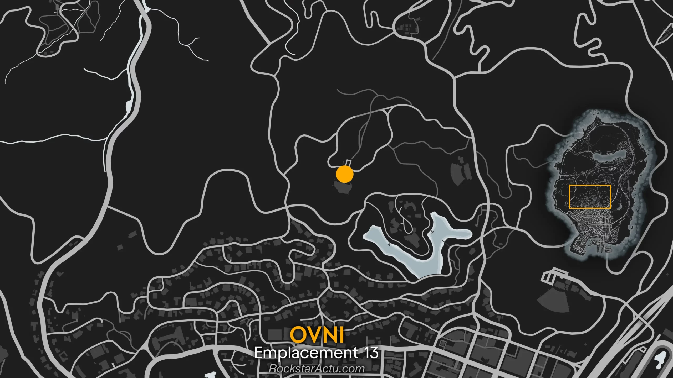 Map du jeu vidéo de Rockstar Games, donnant la zone où apparaît l'OVNI №13 au-dessus d'une statue devant l'observatoire Galileo.