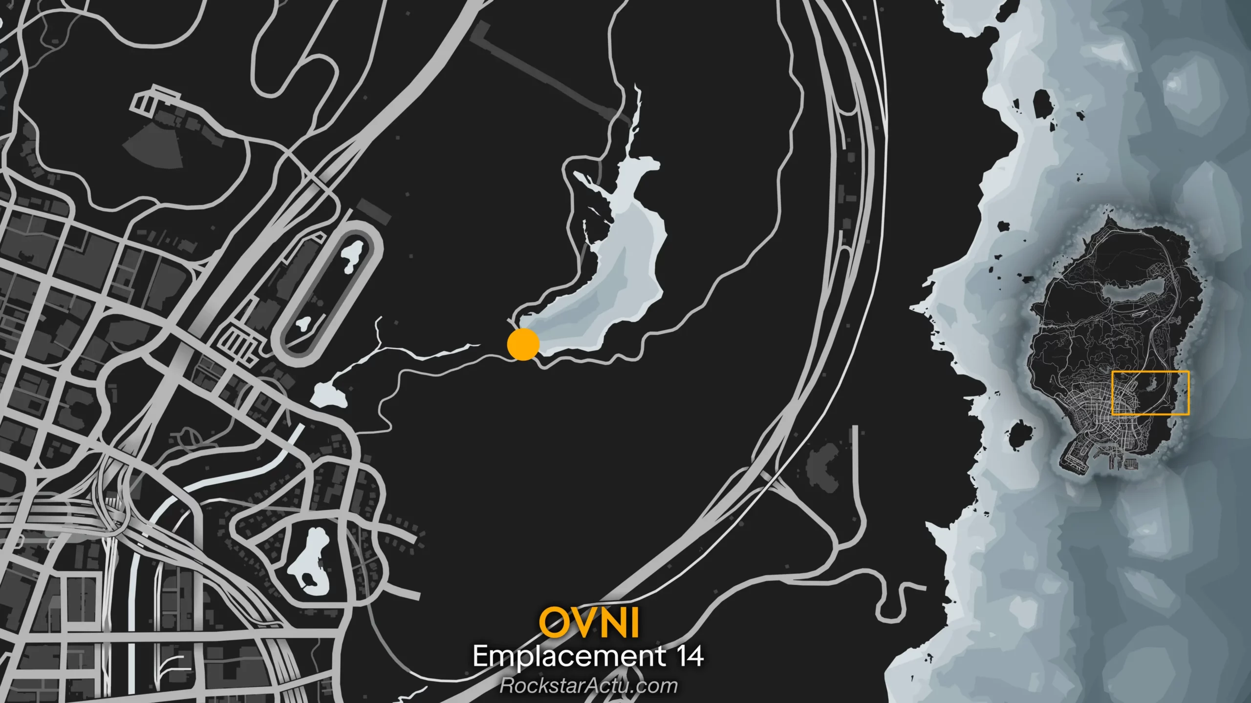 Image donnant l'emplacement où les joueurs de GTA Online peuvent trouver l'OVNI №14 qui se situe au-dessus du barrage hydroélectrique au nord-est de Los Santos.