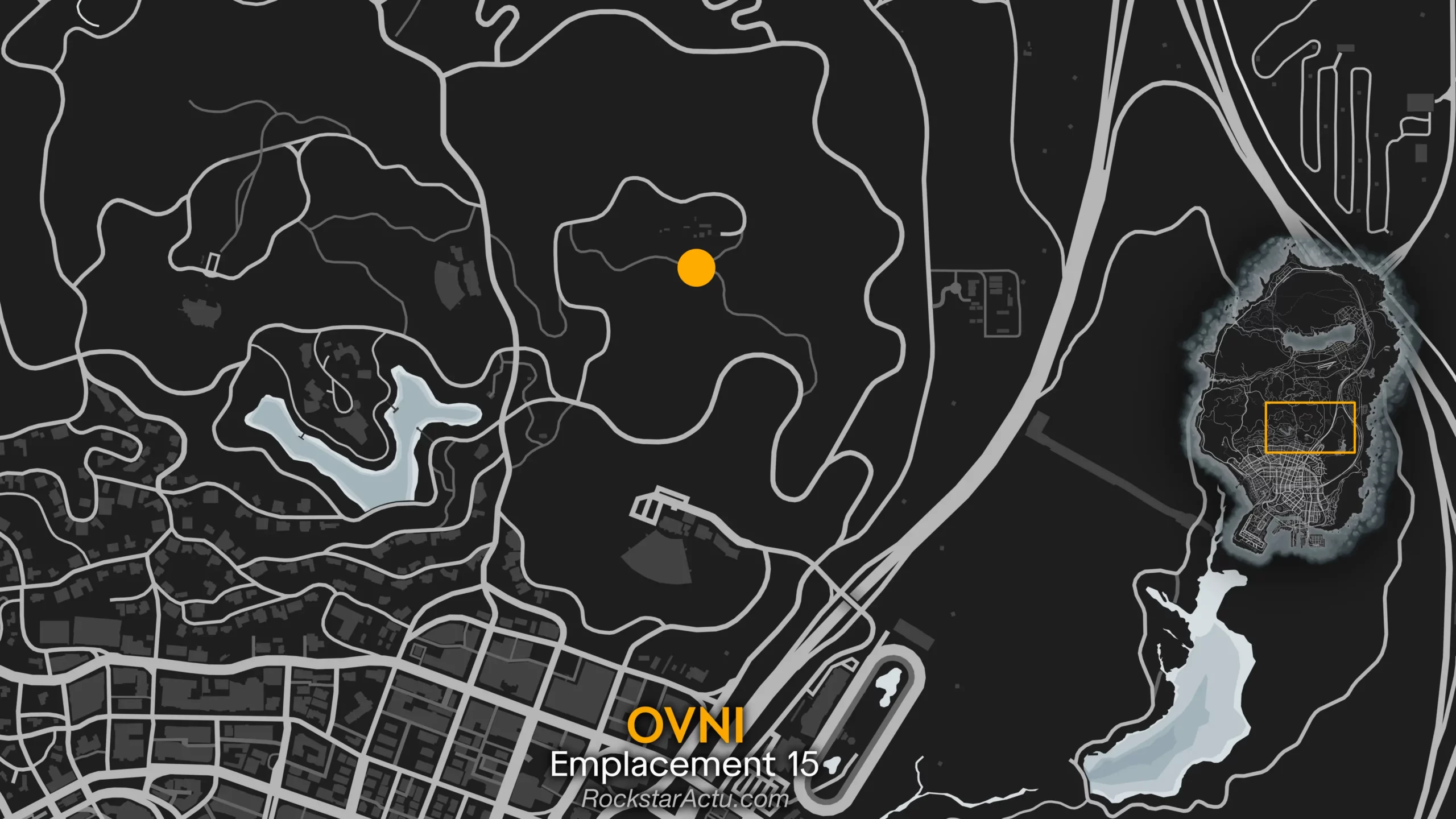 Map guide donnant l'emplacement №16 se trouvant au-dessus du panneau Vinewood au nord de Los Santos.