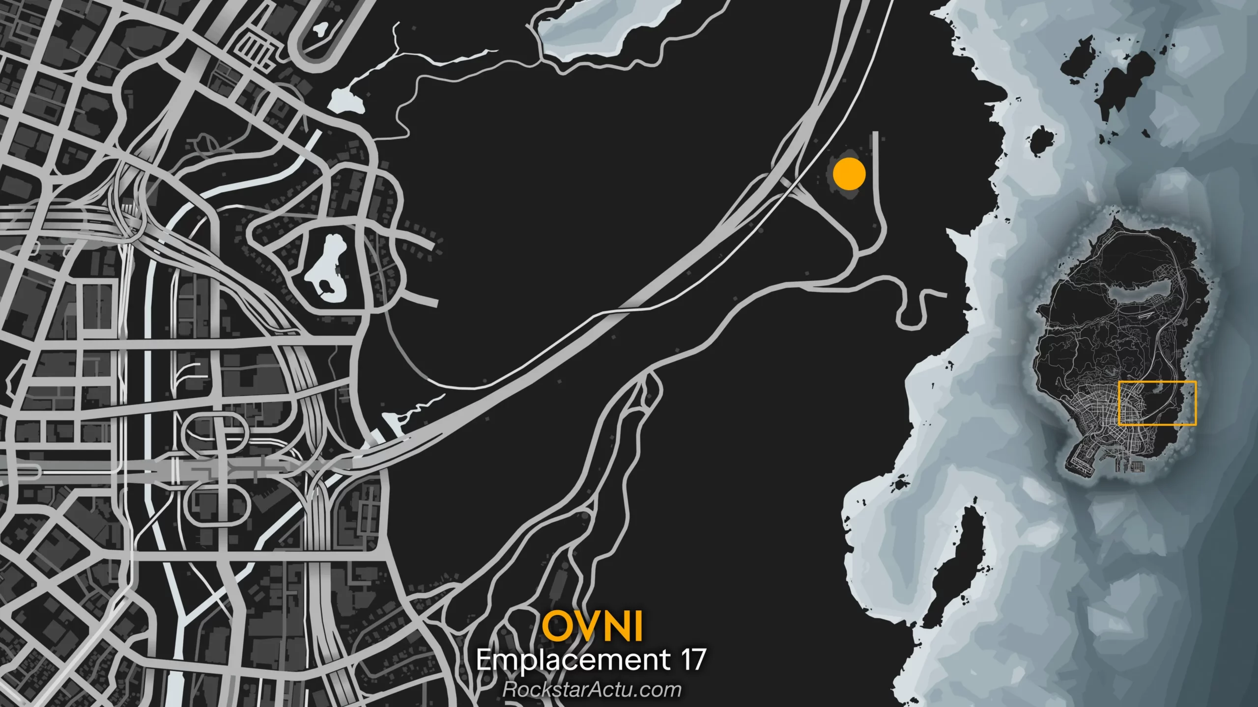 Carte de GTA Online dévoilant l'endroit où apparaît l'UFO №17. Il apparaît au-dessus du QG de l'unité NOOSE des forces de l'ordre.