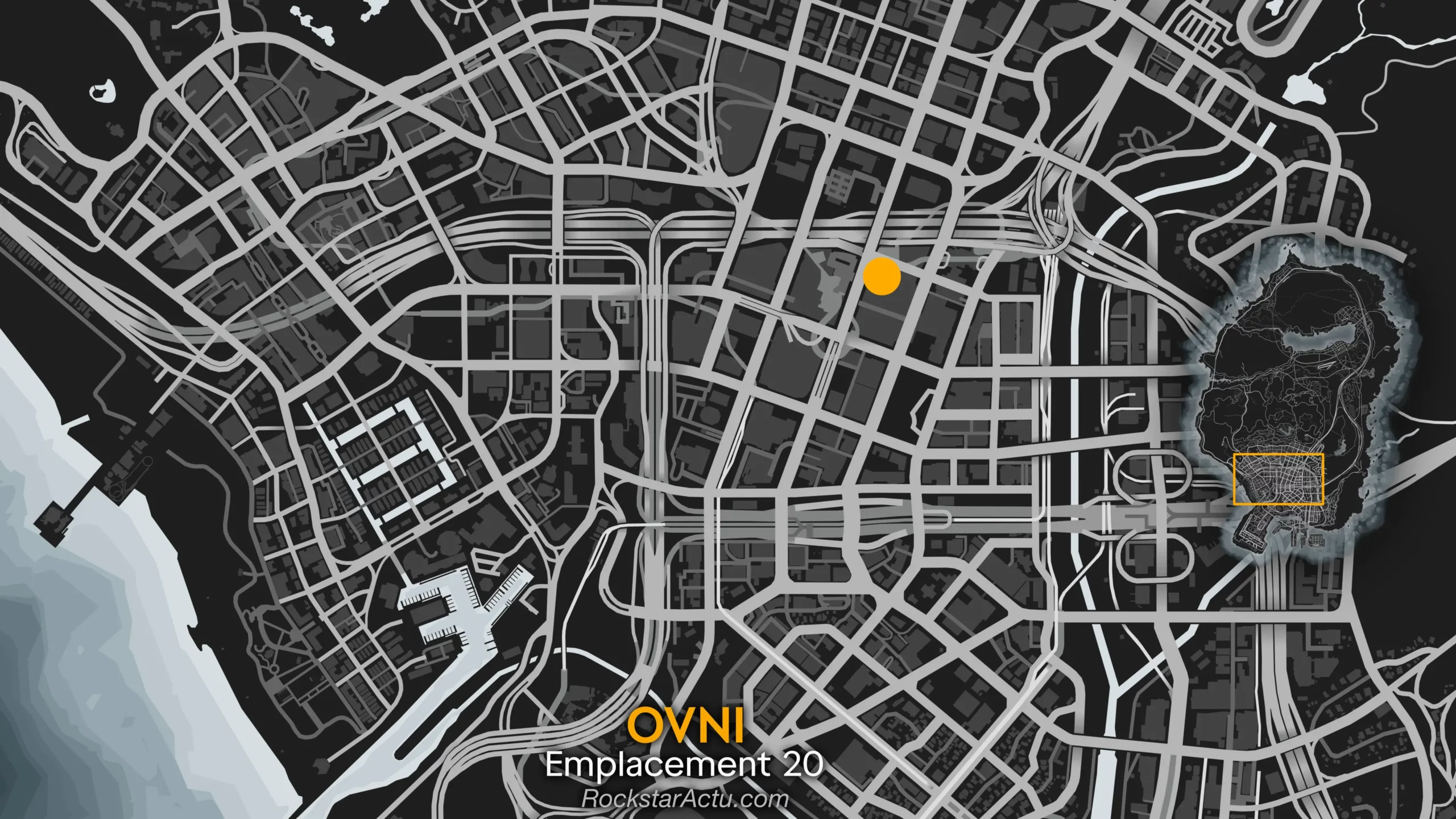 Map du jeu donnant l'emplacement de la soucoupe volante №20 pour Halloween. Elle se situe à Los Santos, au-dessus de l'immeuble de l'agence fédérale de l'IAA, dans le centre-ville.