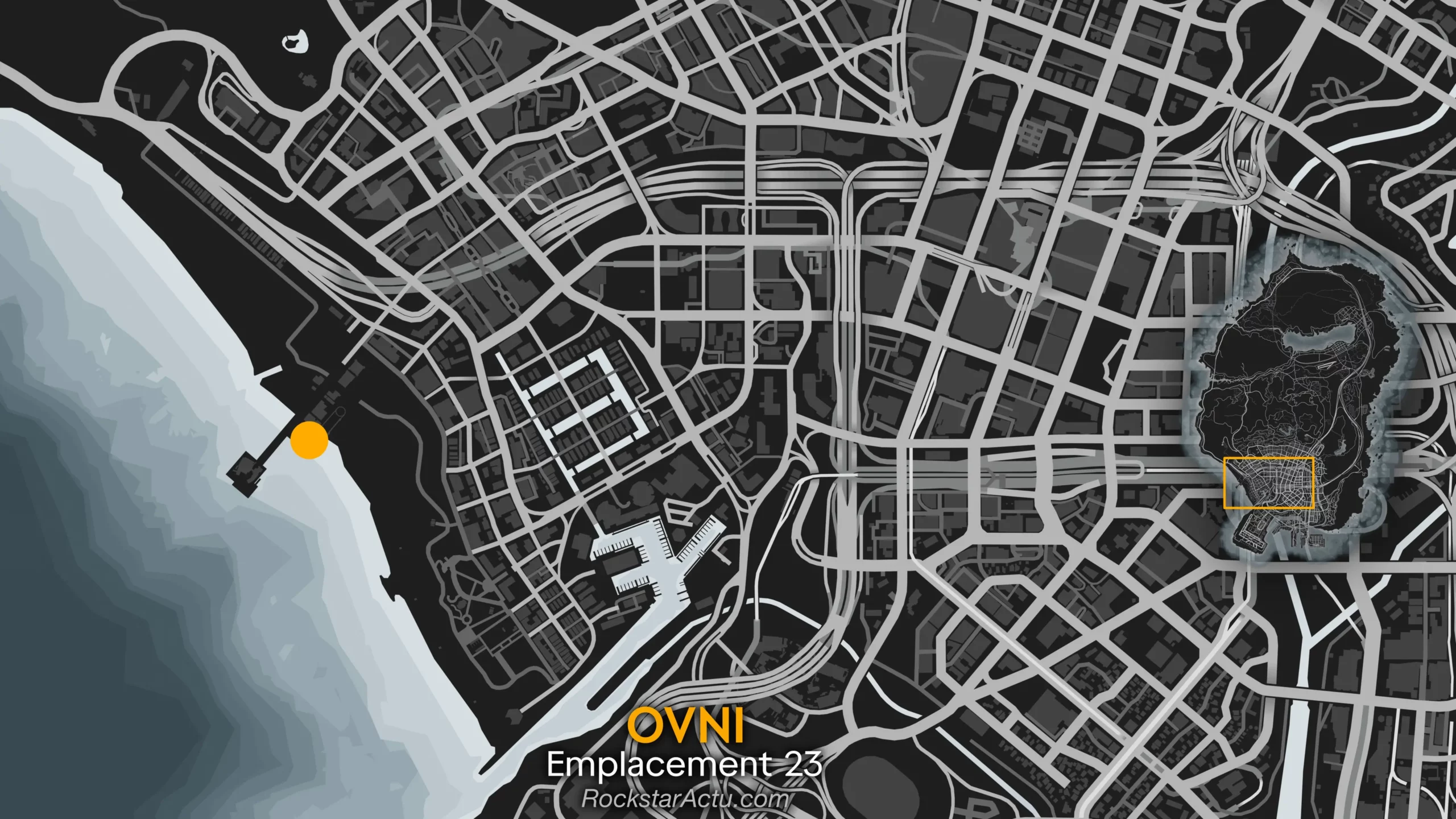 Carte du spawn de l'emplacement 23. La map indique que l'UFO apparaît au-dessus de la jetée de Del Perro, le log de la plage de Los Santos.