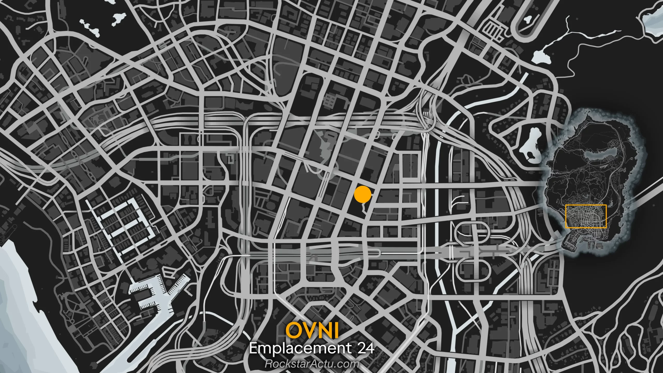 Image de la carte de GTA Online où se trouve l'apparition de la soucoupe volante numéro 24. Elle se situe au-dessus d'un hôtel dans le centre-ville de Los Santos.