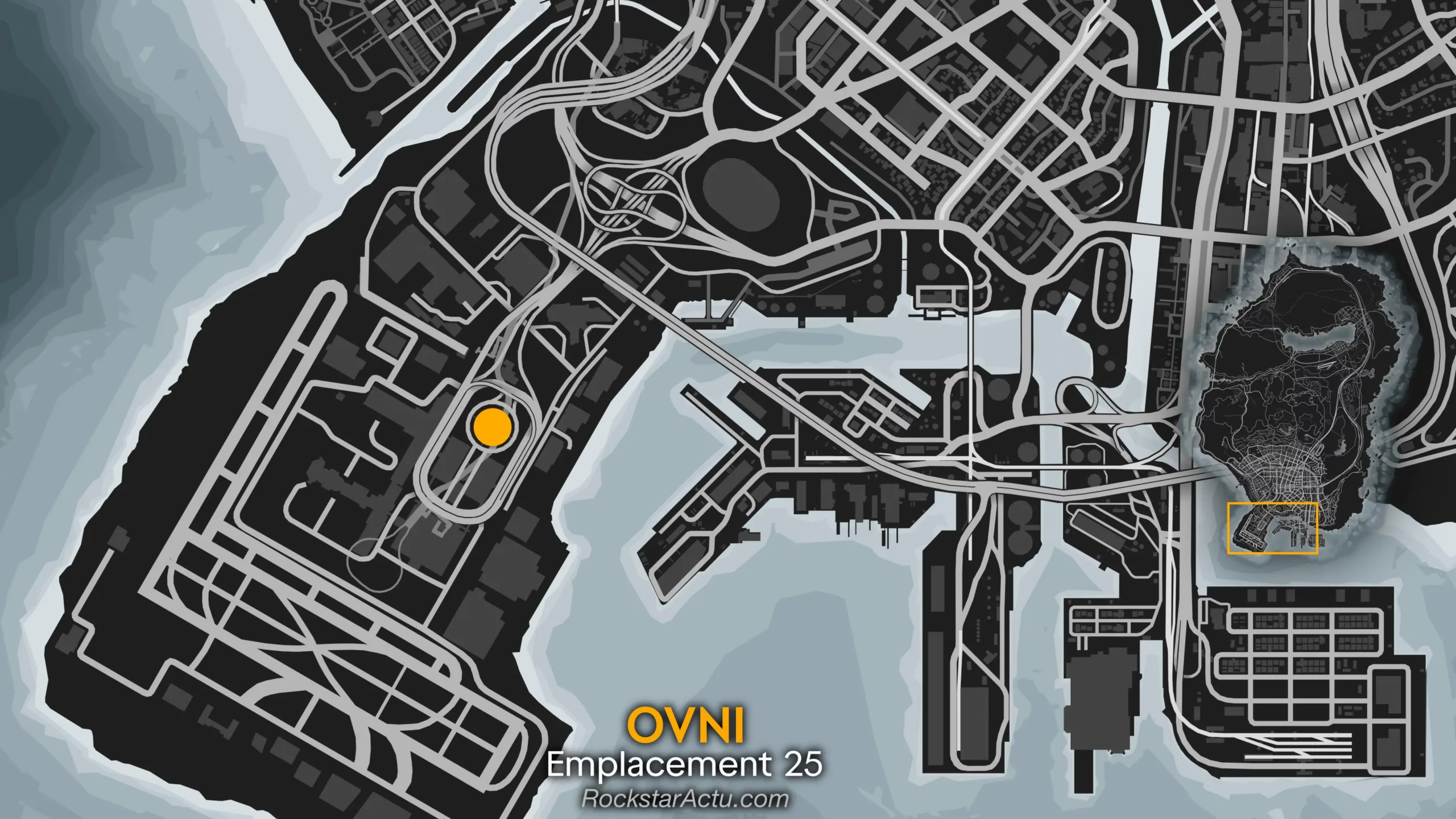 Image de la map du jeu dévoilant le spawn de l'UFO n°25, indiquant que son apparition se situe au-dessus de la tour de contrôle de l'aéroport de Los Santos.