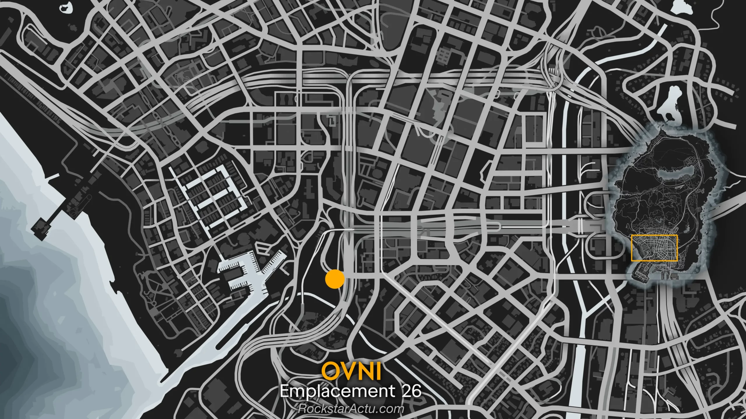 Le dernier emplacement, le n°26, est indiqué sur cette carte, pointant un pylône au sud-ouest de la ville principale de Grand Theft Auto Online.