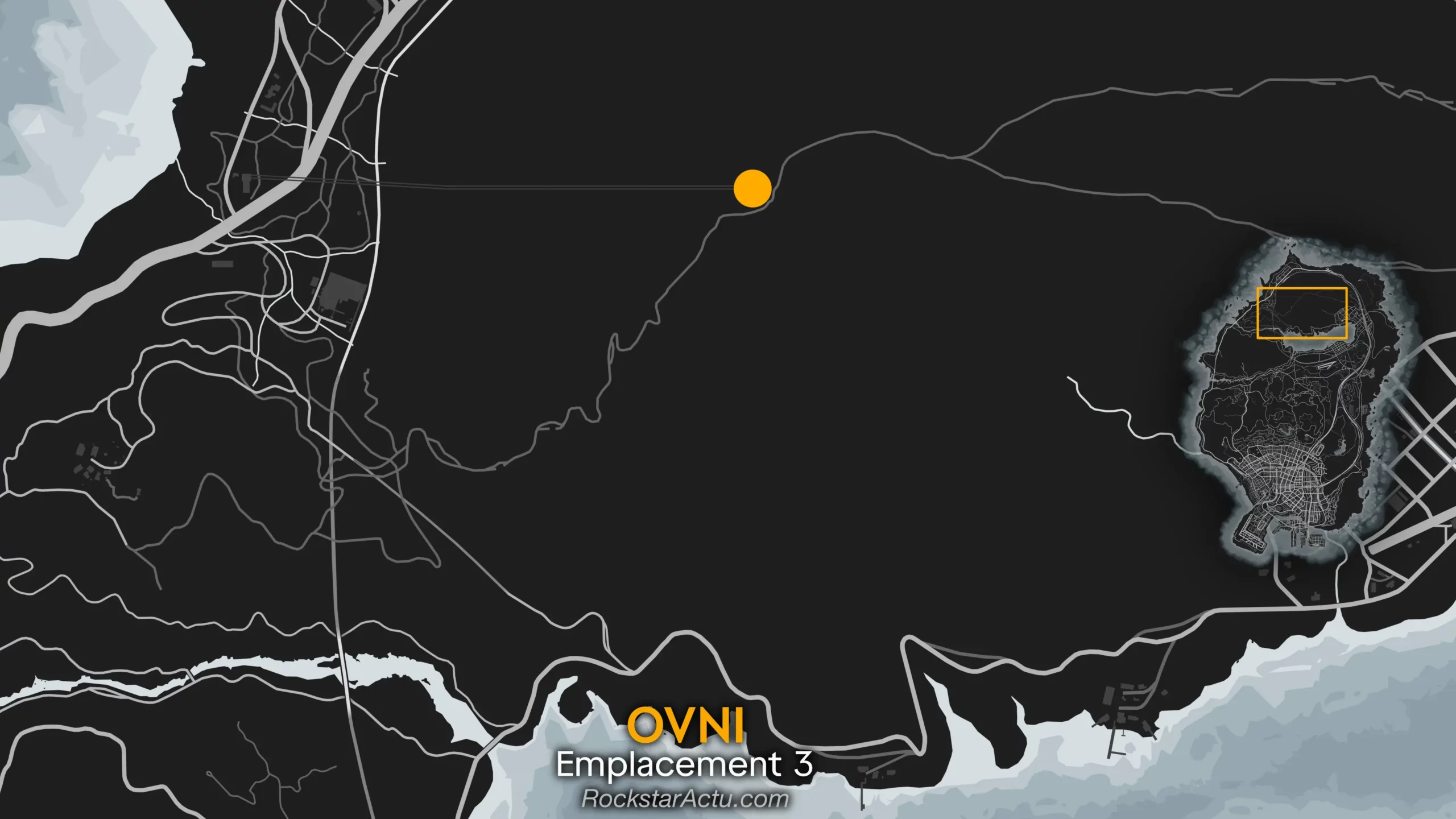 Carte donnant l'emplacement du troisième UFO d'Halloween. Il se situe au-dessus de la fresque du Mount Chiliad.