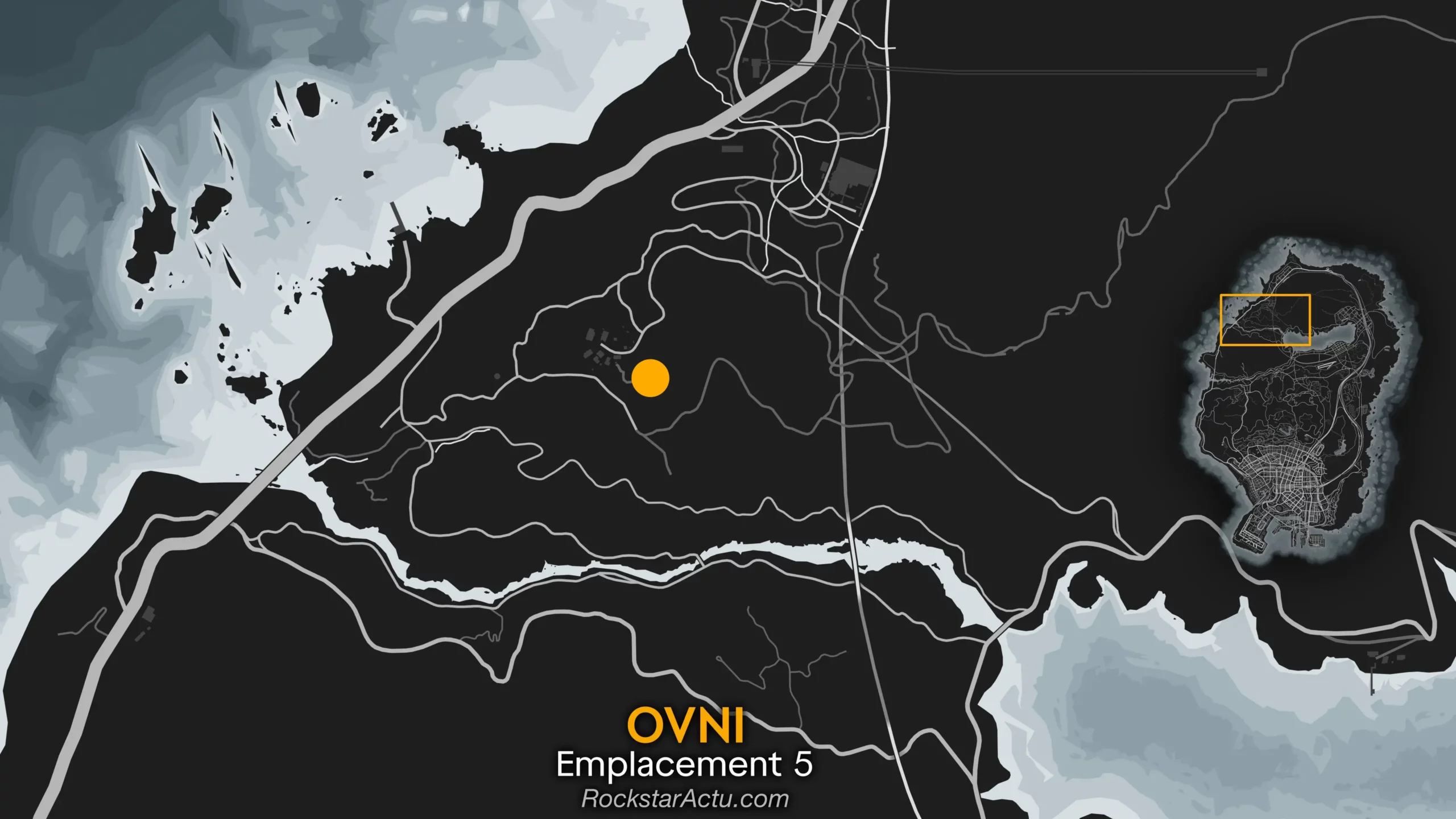 L'emplacement №5 de l'Objet Volant Non identifié se situe au-dessus de l'antenne du camp des Altruist au nord de la carte.