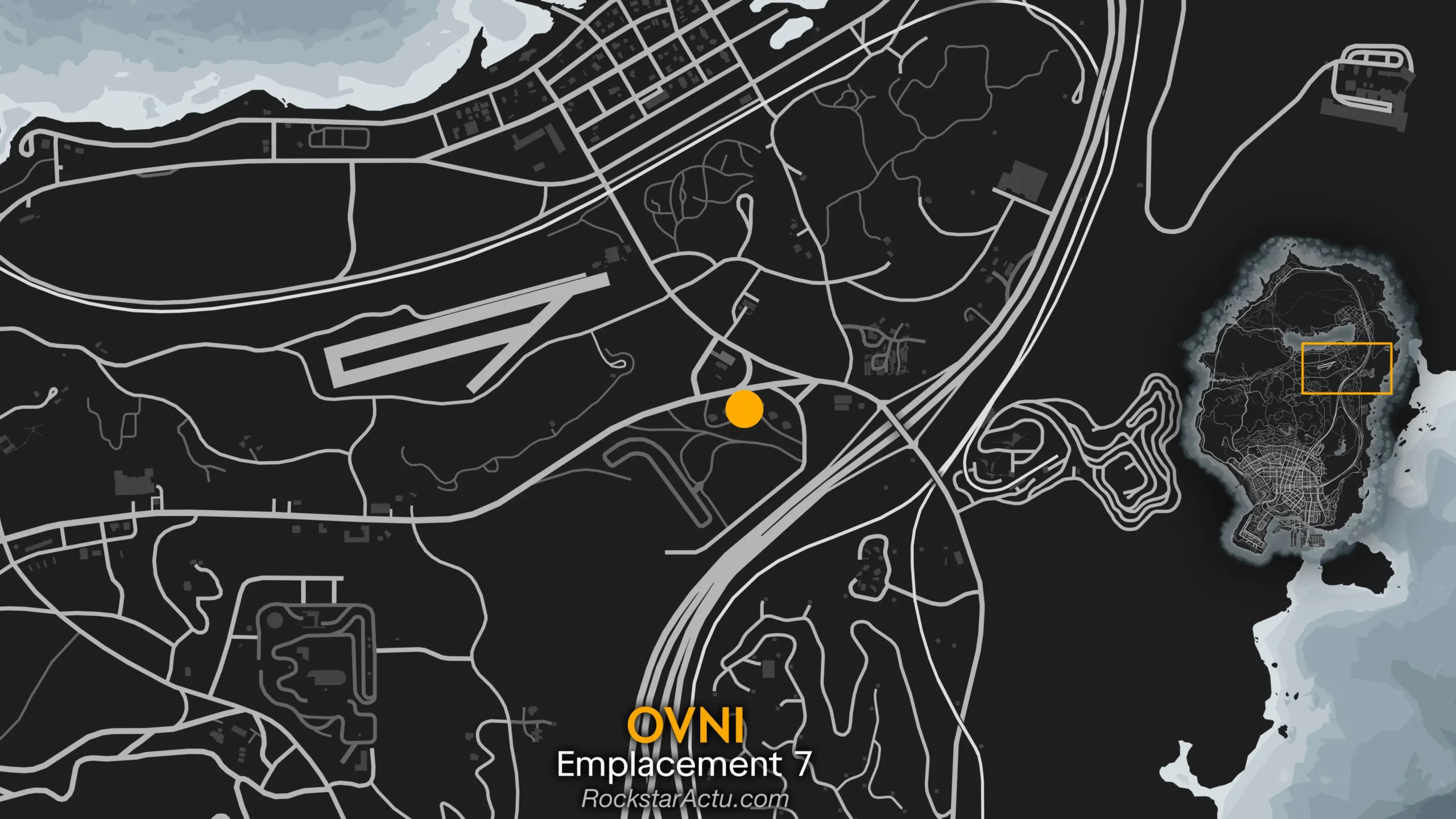 Carte de l'emplacement №7 de l'OVNI d'Halloween. Il se situe sur la map au niveau des grandes paraboles au nord de la prison.
