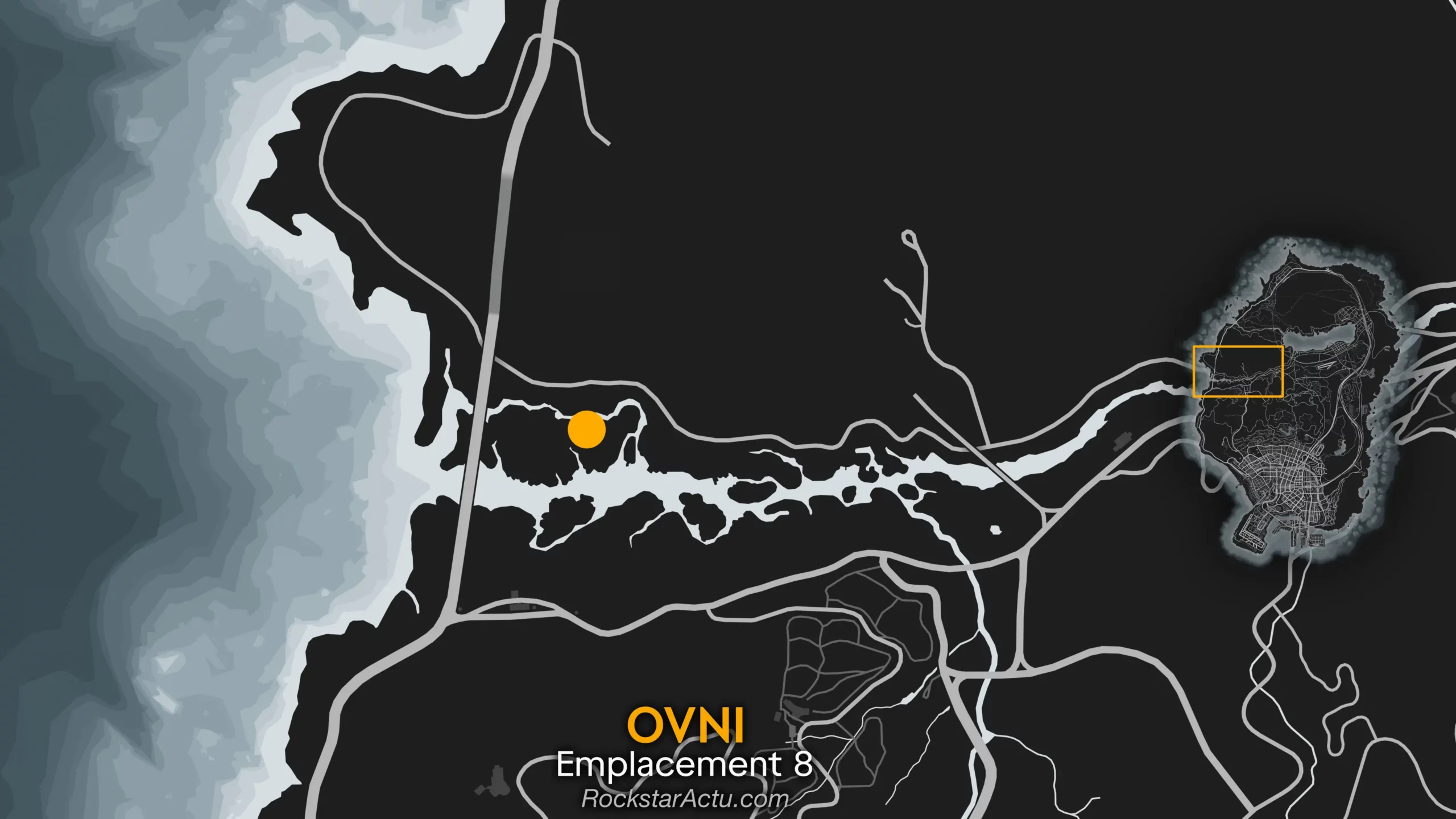 Map de GTA Online donnant l'emplacement №8 de l'UFO. Il se situe à la bordure sud de la base militaire de Fort Zancudo, là où se trouve l'OVNI qui se crache dans une mission secrète du business du bunker.