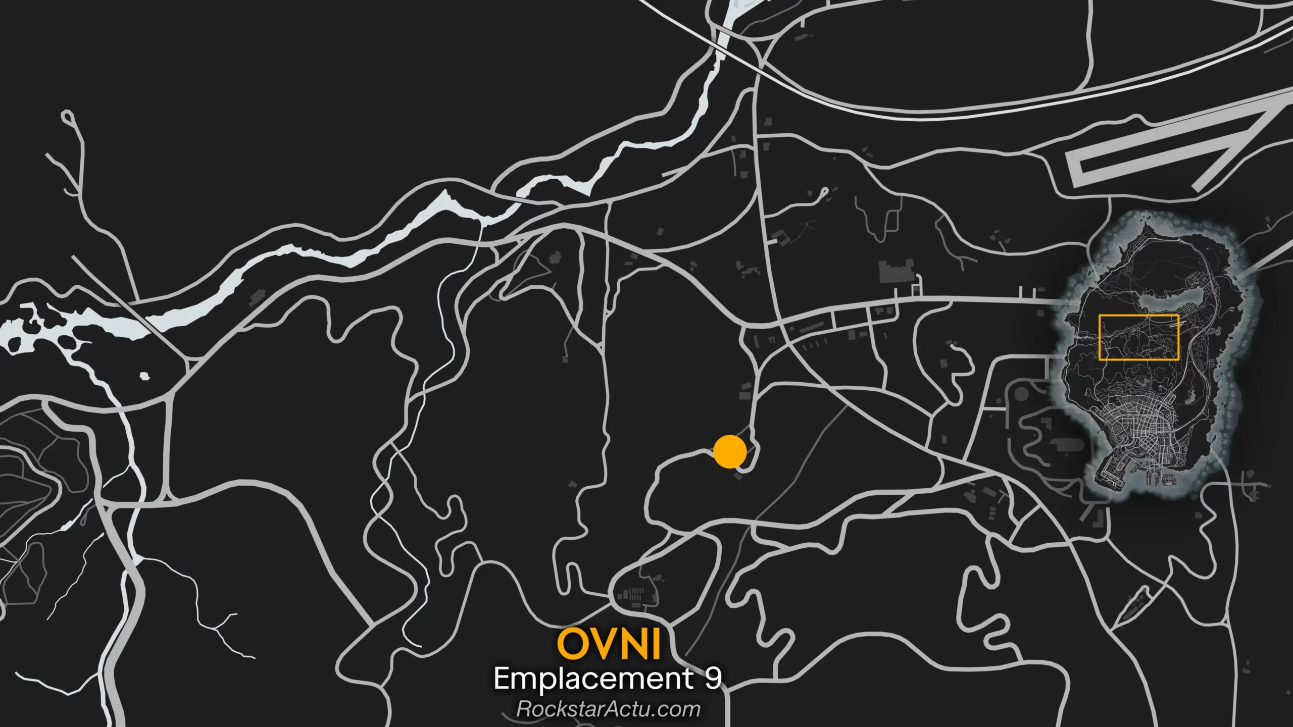 Image de la carte de Grand Theft Auto Online donnant l'emplacement de l'OVNI №9. Il se situe au-dessus d'une ferme au sud du désert de Grand Senora Desert.
