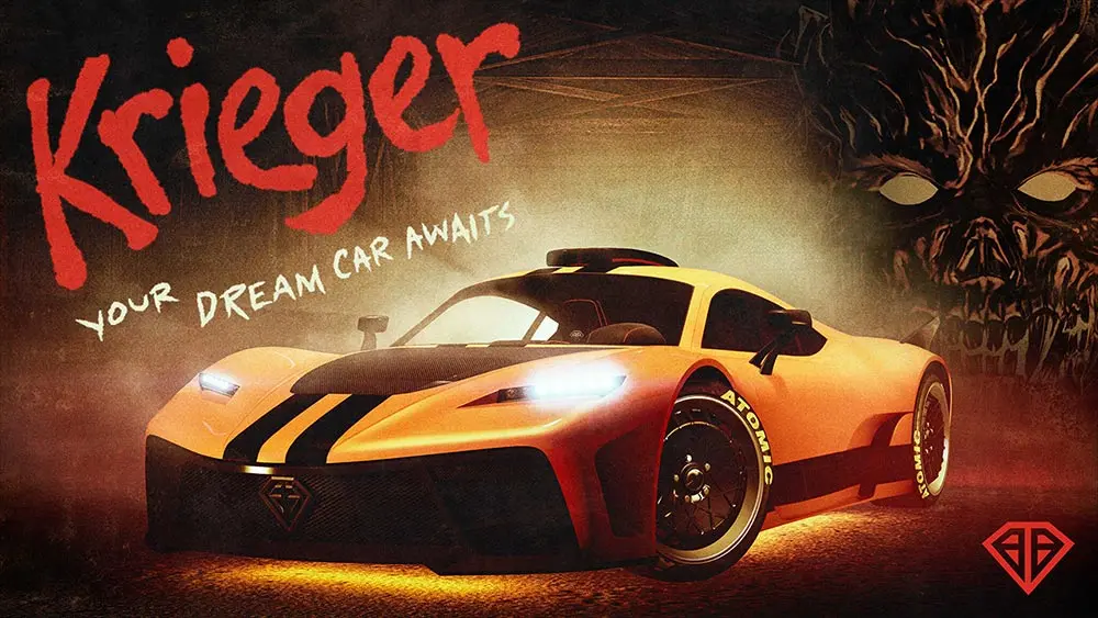 Image promotionnelle de la voiture allemande Benefactor Krieger qui est récupérable gratuitement dans GTA Online pour une durée limitée. Le véhicule est présenté sur l'image par une vue de face, elle est peinte en orange avec une double bande noire verticale sur son capot, rappelons une citrouille. En arrière plan se trouve un joueur du jeu avec un masque d'Halloween.