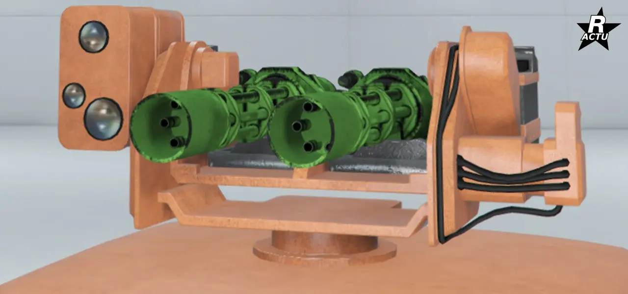 Double minigun monté sur une tourelle rotative sur le toit du véhicule.