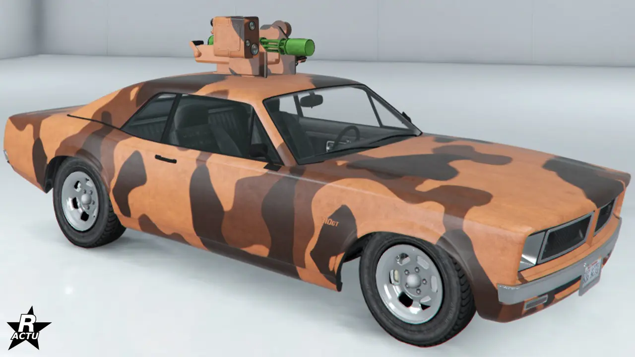 Camouflage de taches noires et brunes sur la carrosserie.