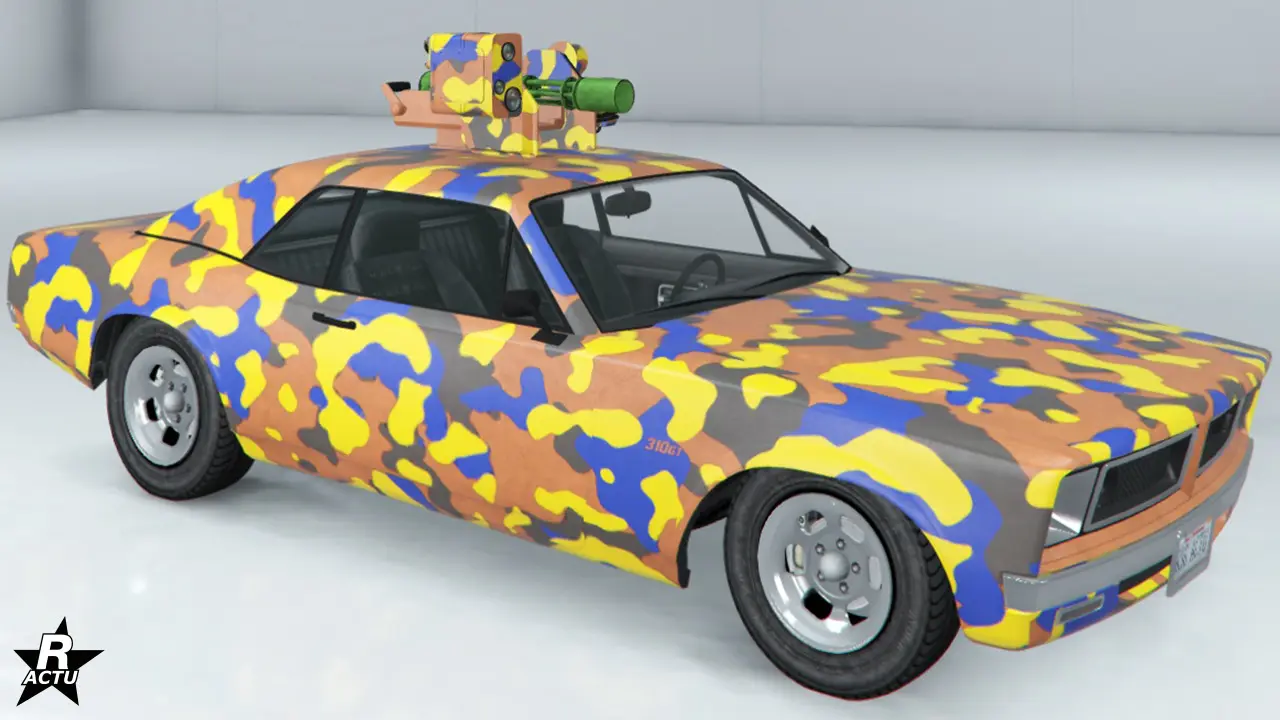 Skin militaire recouvrant le véhicule de taches uniformes de couleurs jaunes, bleues et grises.