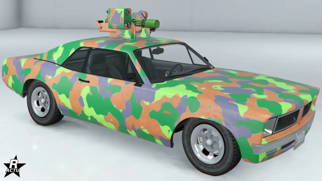 Motif de camouflage militaire, ajoutant des taches irrégulières de couleurs vertes, verts clairs et couleur argile.