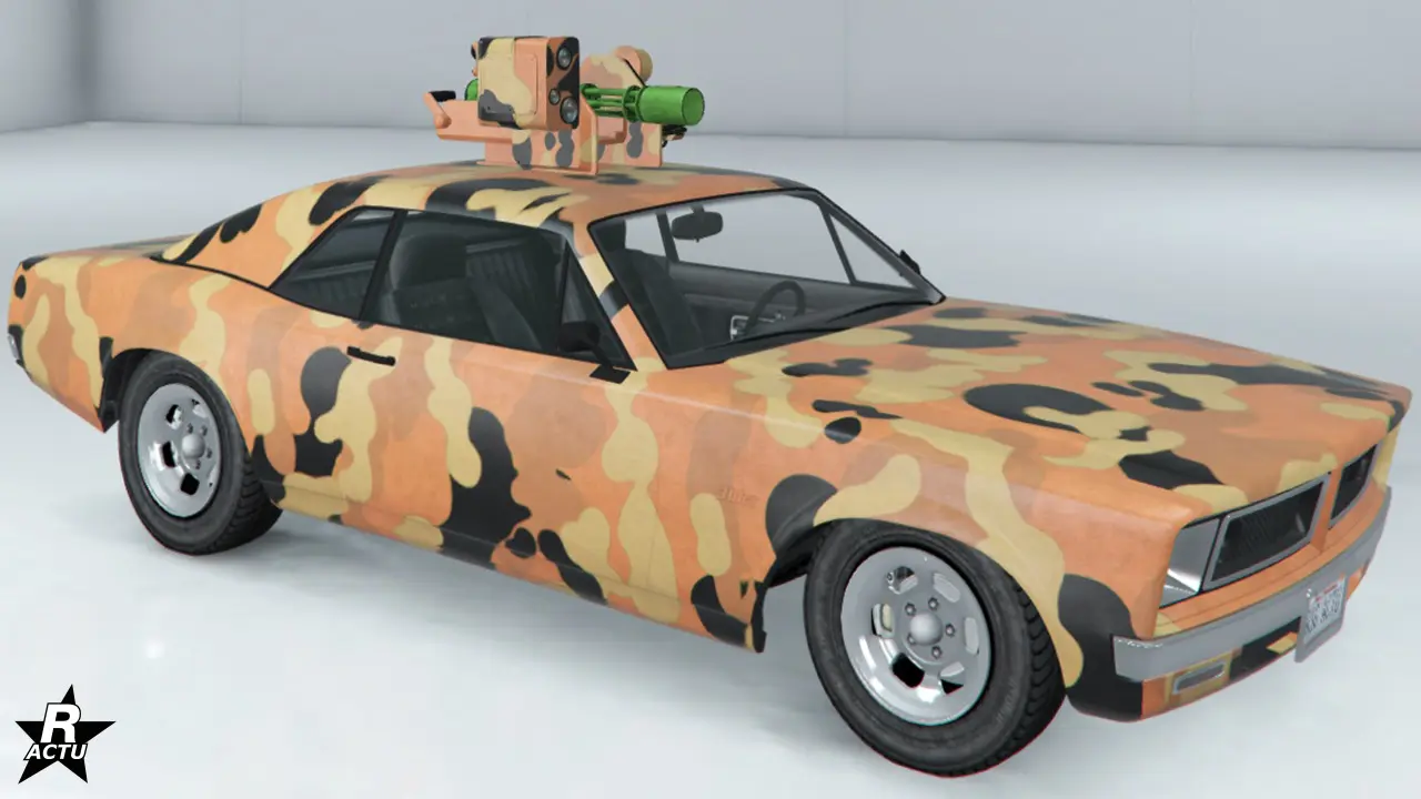 Motif de camouflage militaire de type désertique, ajoutant des taches irrégulières brunes, beiges, noires et oranges sur la Tampa armée.