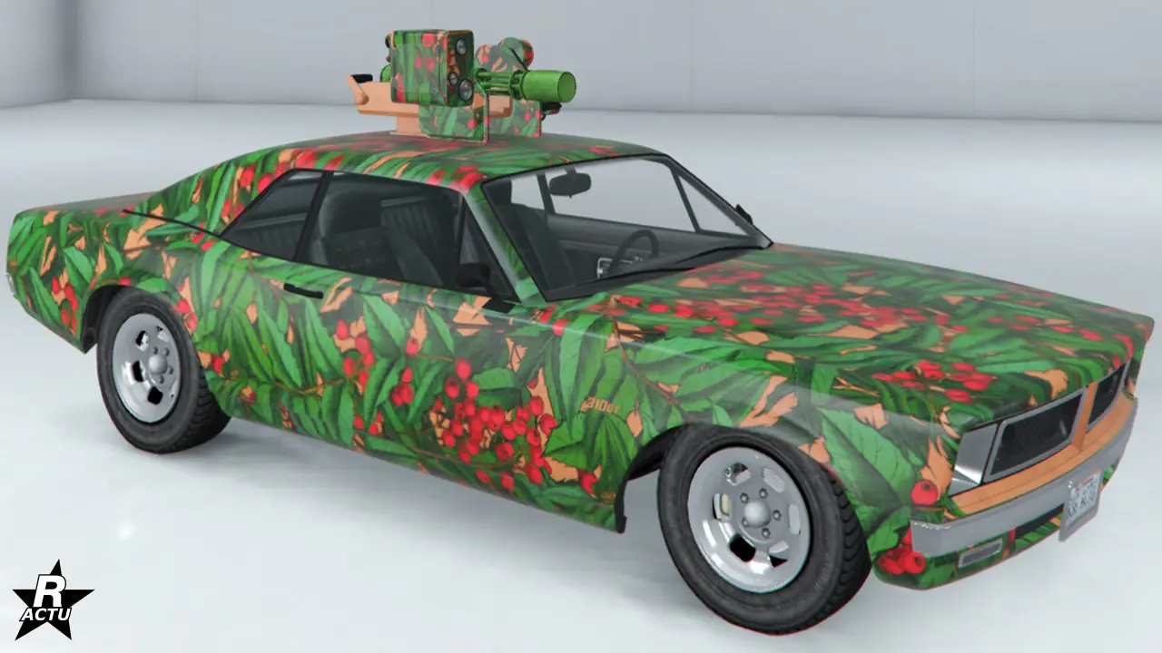Skin recouvrant d'un vinyle de feuilles de gui vertes, avec ses baies rouges, la carrosserie de la Tampa Armée.