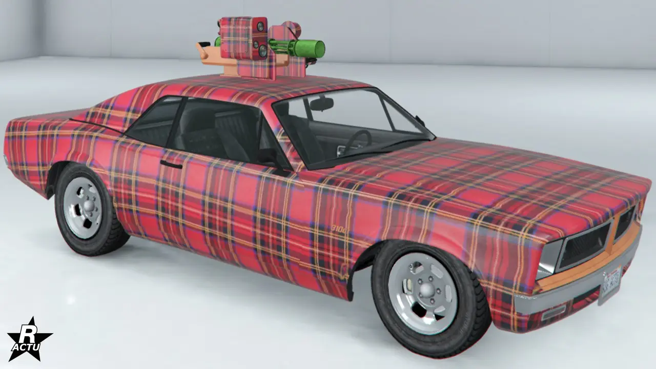 Motif représentant un kilt écossais rouge géant recouvrant intégralement la voiture.