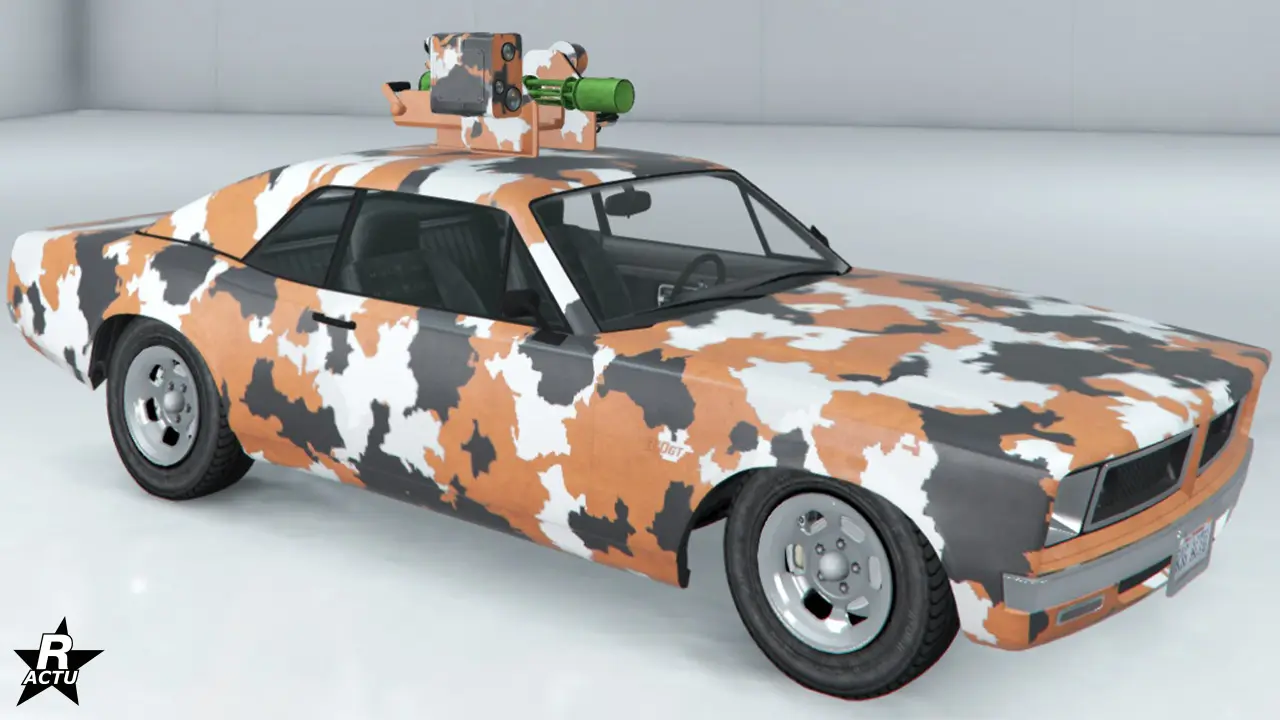 Décalcomanie de camouflage militaire, ajoutant des taches unciformes de couleurs anthracite et blanche.