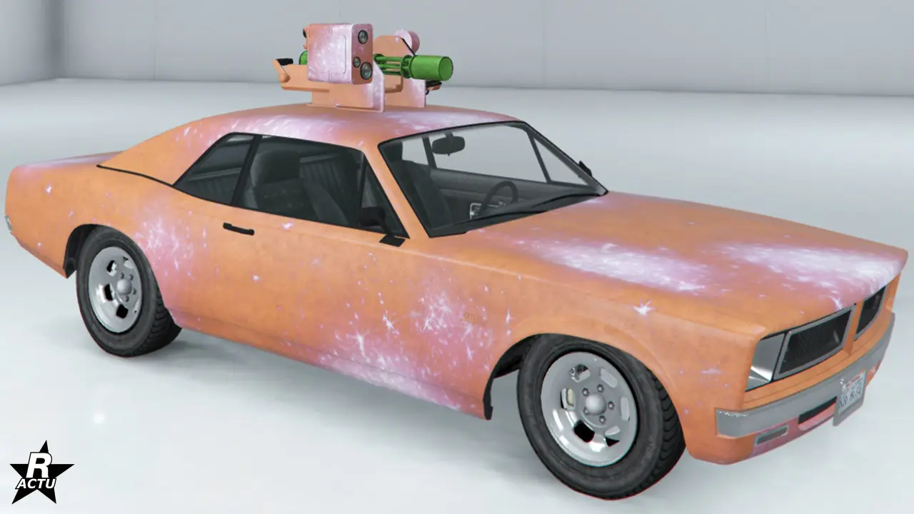 Vinyle sur la carrosserie ajoutant plusieurs représentations de nébuleuses roses et blanches aux centres de celles-ci.