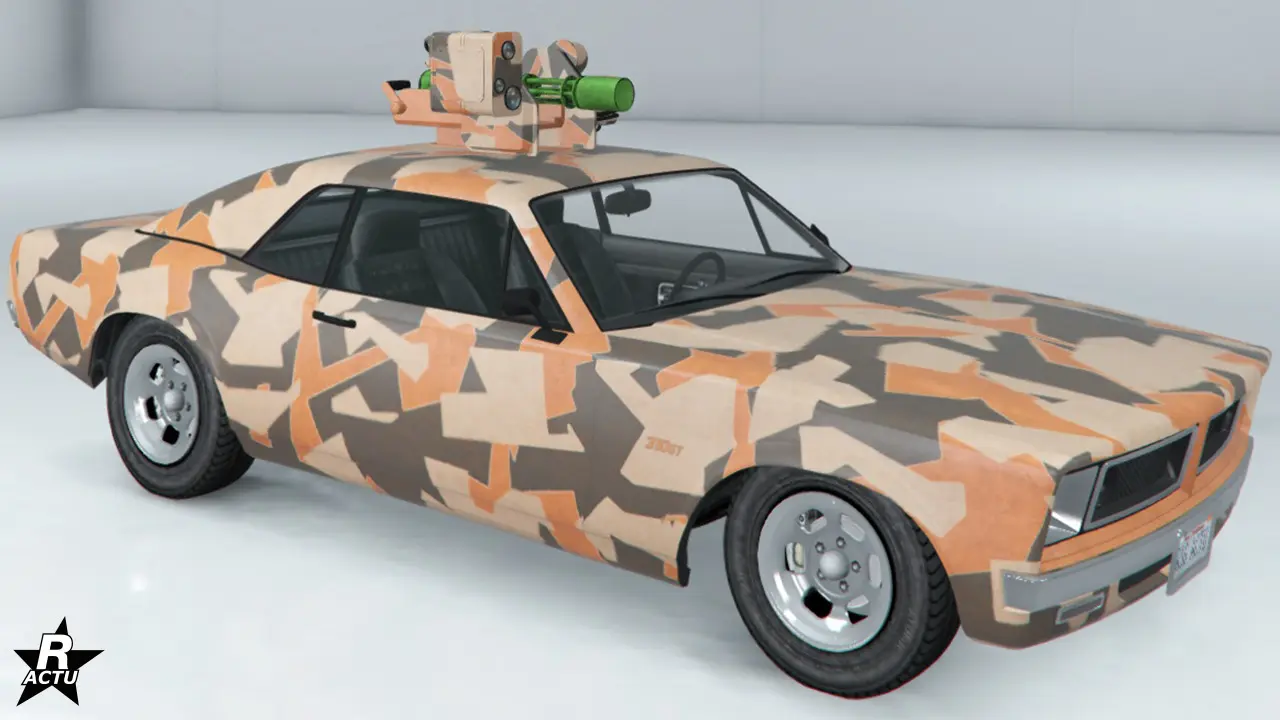 Vinyle recouvrant la carrosserie, tout en ajoutant un camouflage militaire pour le désert, avec des formes régulières brunes et beiges.