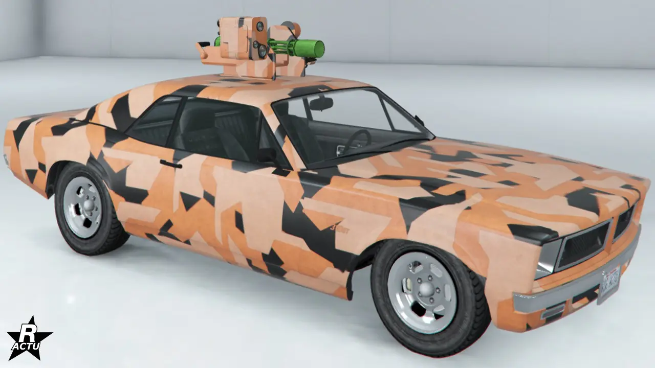 Skin de bolide ajoutant un camouflage de type désertique avec de grandes formes géométriques régulières de couleurs noires et beiges clairs.