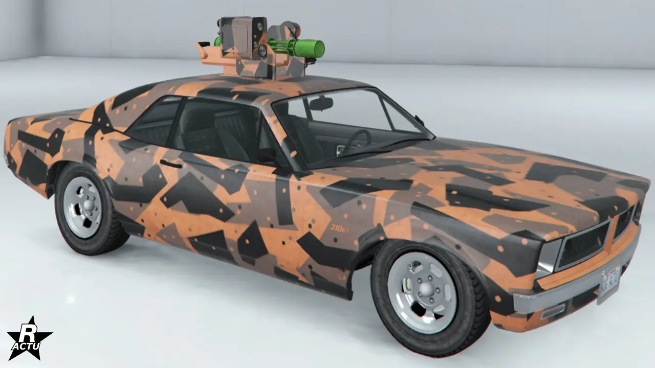 Décalcomanie d'un camouflage de formes régulières noires, grises et brunes.